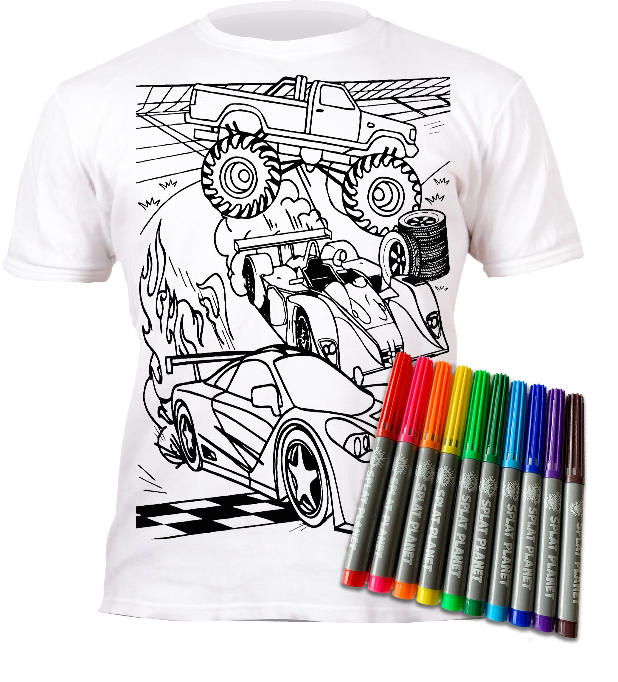 kids, children, childrens, color in t-shirt, color your own t-shirt, coloring shirt, splat planet, cars, race car, racing car, sports car, car coloring, car t-shirt, kids activity, kids craft, arts and crafts for kids, screen free activity, rainy day activity, washable markers, toddler activity, race track, racing, fast cars, boys gift, birthday gift for kids, DIY t-shirt, wearable art, creative play