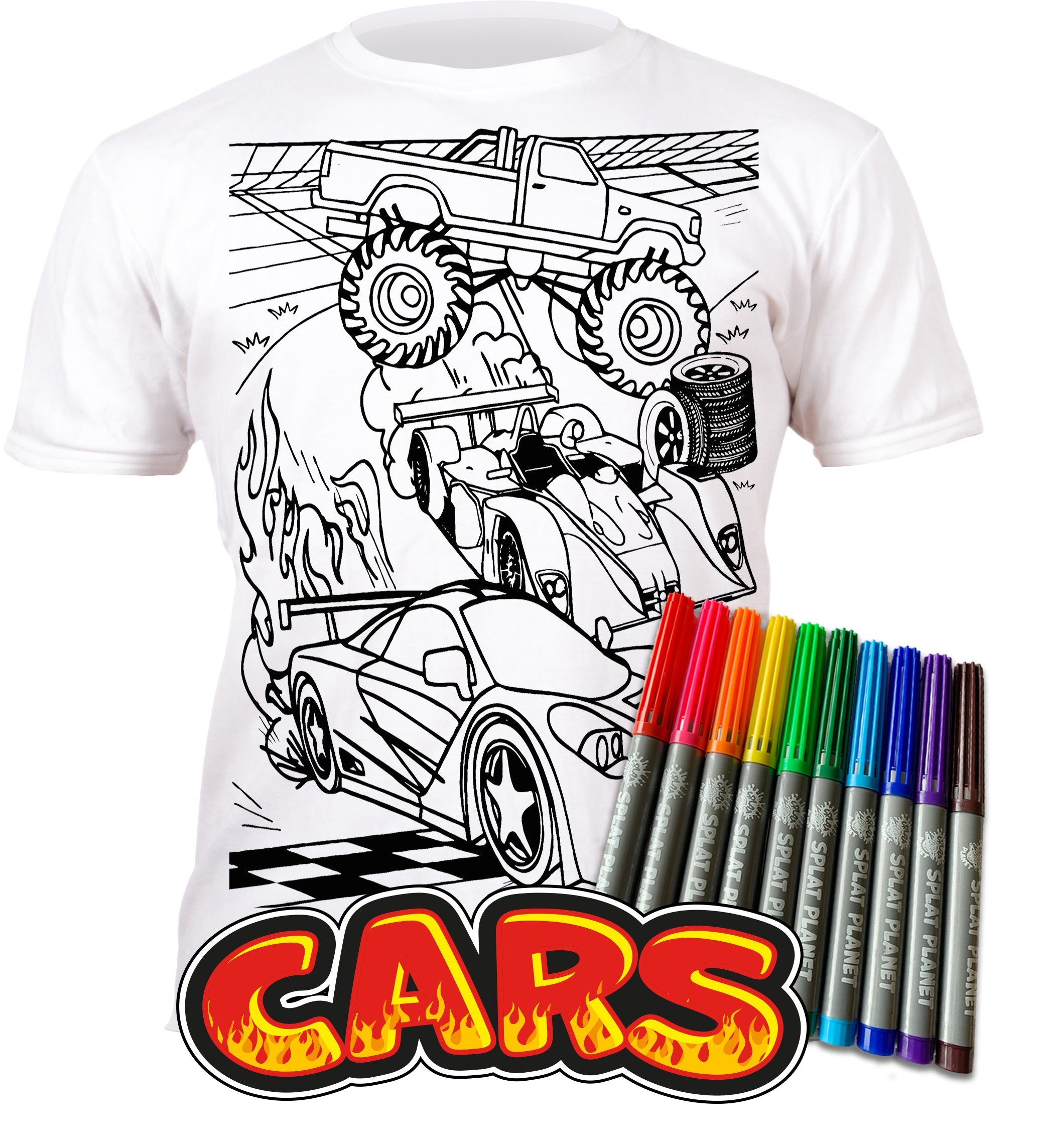 kids, children, childrens, color in t-shirt, color your own t-shirt, coloring shirt, splat planet, cars, race car, racing car, sports car, car coloring, car t-shirt, kids activity, kids craft, arts and crafts for kids, screen free activity, rainy day activity, washable markers, toddler activity, race track, racing, fast cars, boys gift, birthday gift for kids, DIY t-shirt, wearable art, creative play