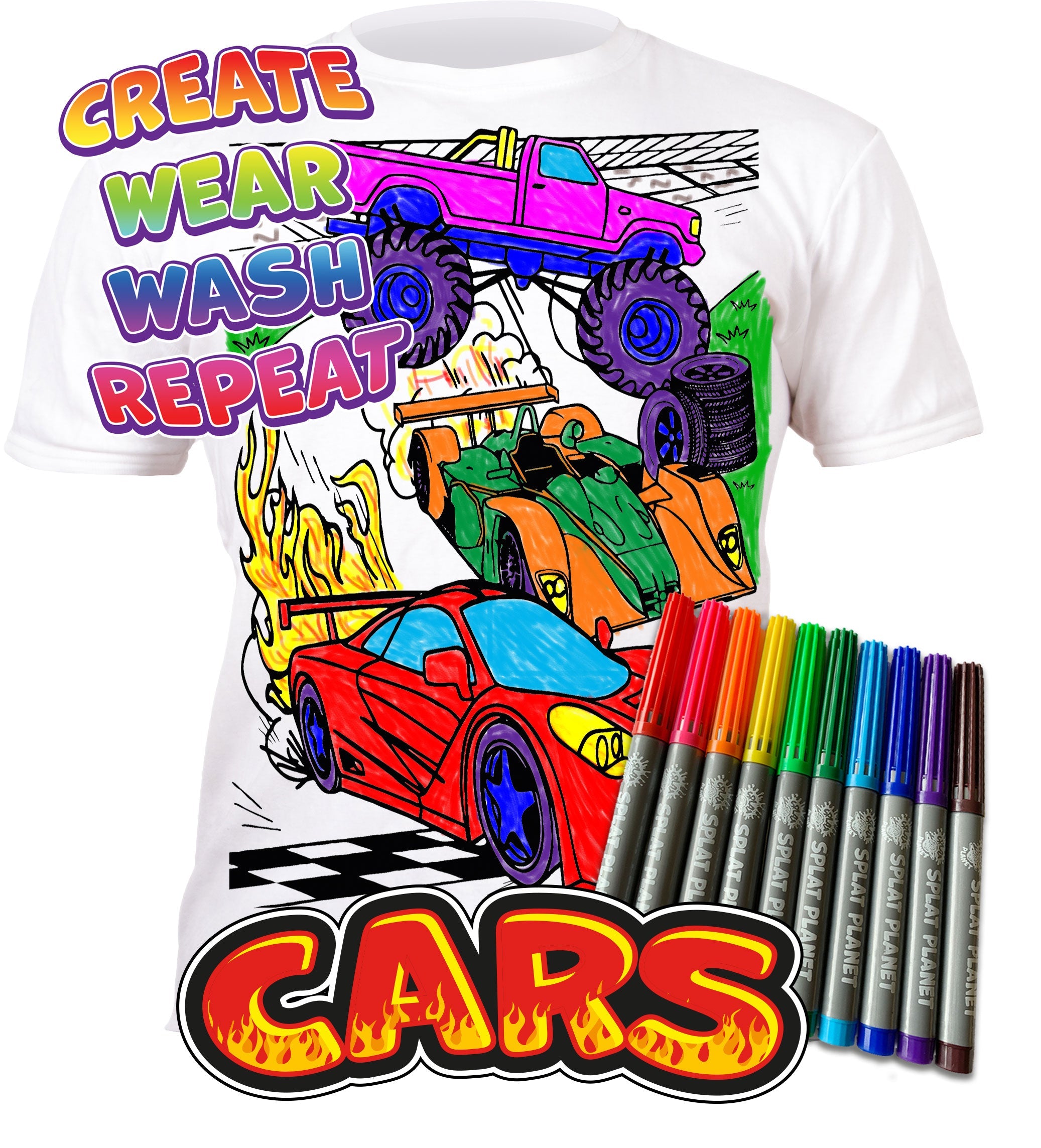 kids, children, childrens, color in t-shirt, color your own t-shirt, coloring shirt, splat planet, cars, race car, racing car, sports car, car coloring, car t-shirt, kids activity, kids craft, arts and crafts for kids, screen free activity, rainy day activity, washable markers, toddler activity, race track, racing, fast cars, boys gift, birthday gift for kids, DIY t-shirt, wearable art, creative play