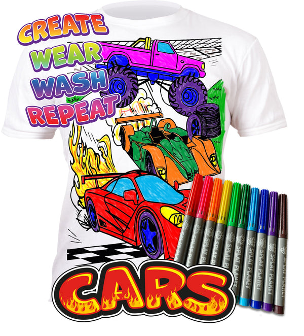 kids, children, childrens, color in t-shirt, color your own t-shirt, coloring shirt, splat planet, cars, race car, racing car, sports car, car coloring, car t-shirt, kids activity, kids craft, arts and crafts for kids, screen free activity, rainy day activity, washable markers, toddler activity, race track, racing, fast cars, boys gift, birthday gift for kids, DIY t-shirt, wearable art, creative play
