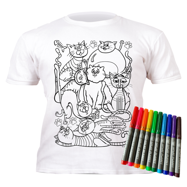 kids, children, childrens, color in t-shirt, color your own t-shirt, coloring shirt, cats, cat, cat coloring, cats coloring, kitten, kittens, meow, cat t-shirt, splat planet, washable markers, color in wash out color in again, reusable coloring, kids activity, kids craft, arts and crafts for kids, screen free activity, rainy day activity, toddler activity, creative play, boys gift, girls gift, birthday gift for kids, Christmas gift, DIY t-shirt, wearable art