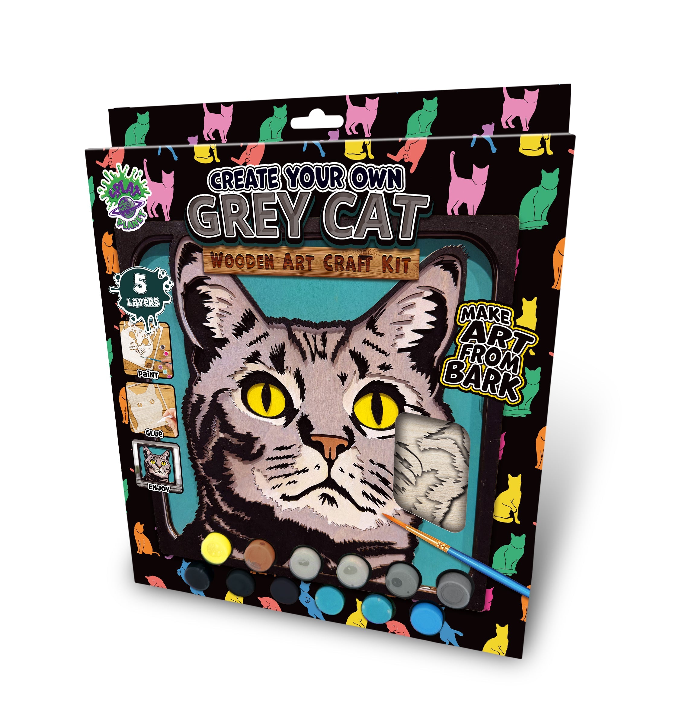 Grey cat wooden art craft  kit, Cat craft kit for kids, Layered cat wood art, DIY cat painting set, Cute cat wooden décor, Cat lover gift crafts, Wooden cat wall art, Kids cat craft activity, Creative feline art project.