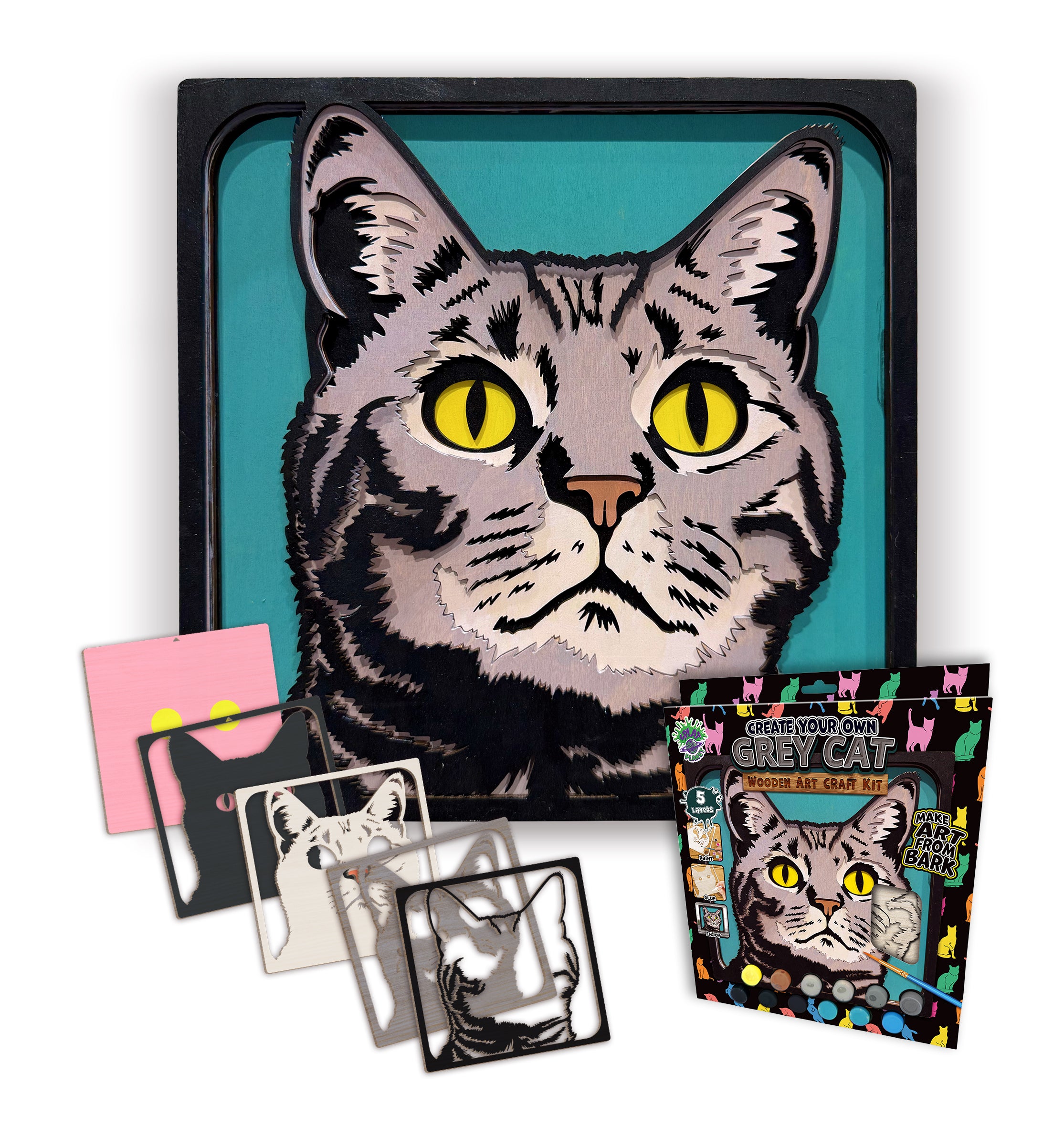 Grey cat wooden art craft  kit, Cat craft kit for kids, Layered cat wood art, DIY cat painting set, Cute cat wooden décor, Cat lover gift crafts, Wooden cat wall art, Kids cat craft activity, Creative feline art project.