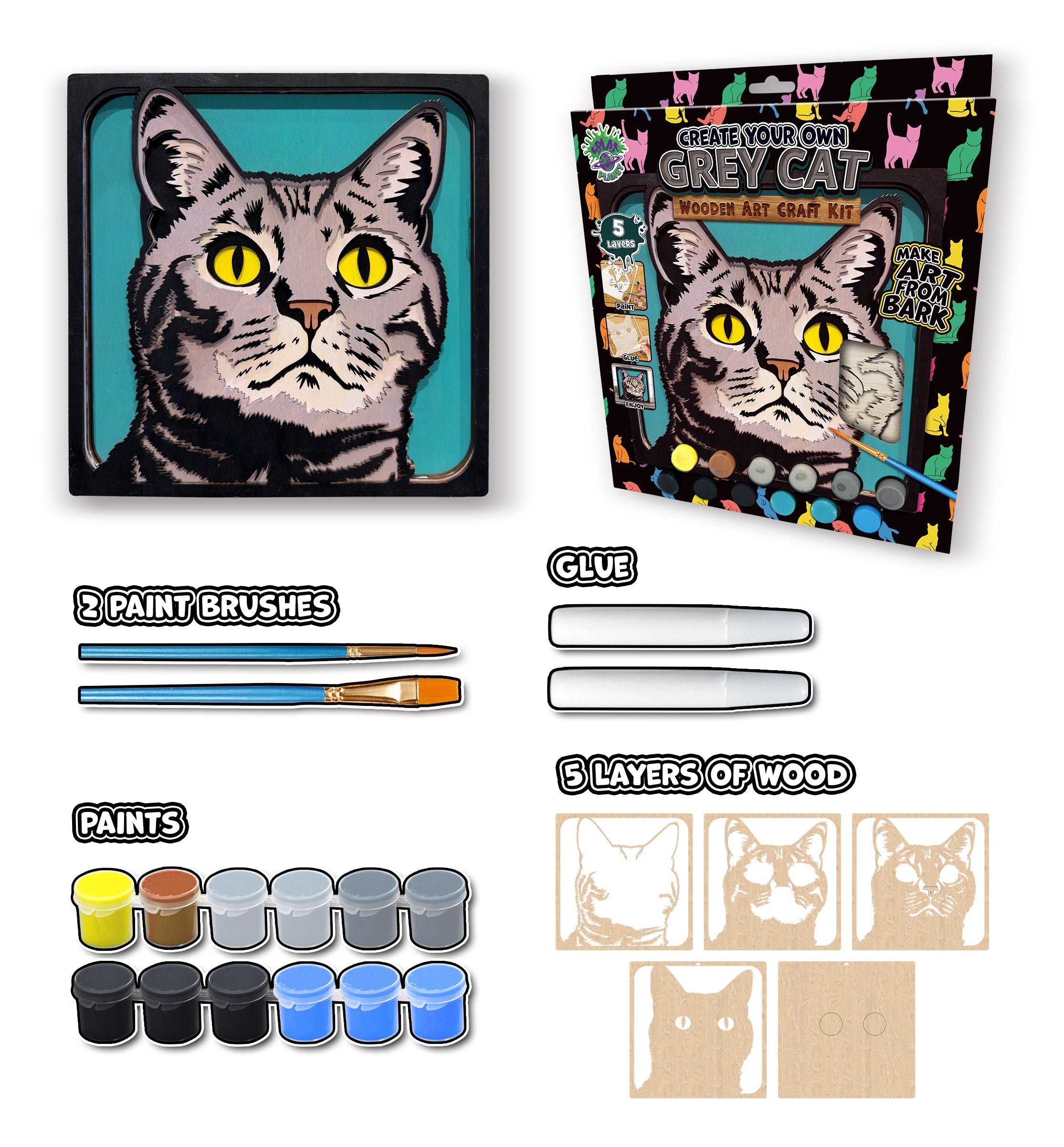 Grey cat wooden art craft  kit, Cat craft kit for kids, Layered cat wood art, DIY cat painting set, Cute cat wooden décor, Cat lover gift crafts, Wooden cat wall art, Kids cat craft activity, Creative feline art project.