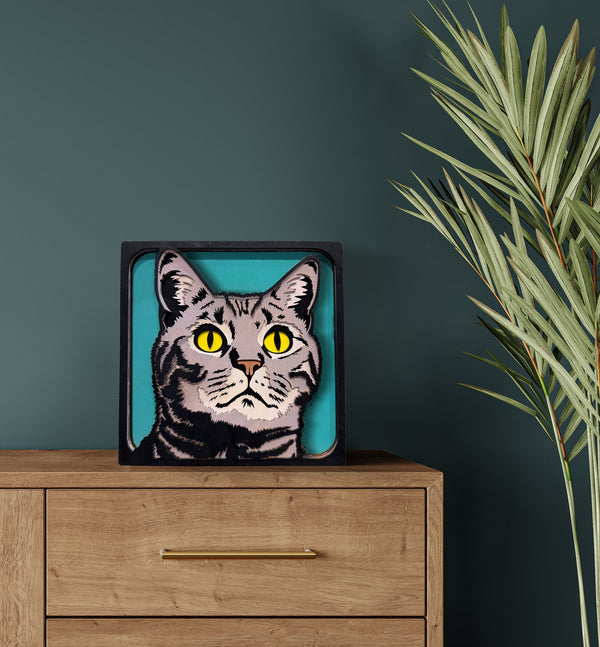 Grey cat wooden art craft  kit, Cat craft kit for kids, Layered cat wood art, DIY cat painting set, Cute cat wooden décor, Cat lover gift crafts, Wooden cat wall art, Kids cat craft activity, Creative feline art project.