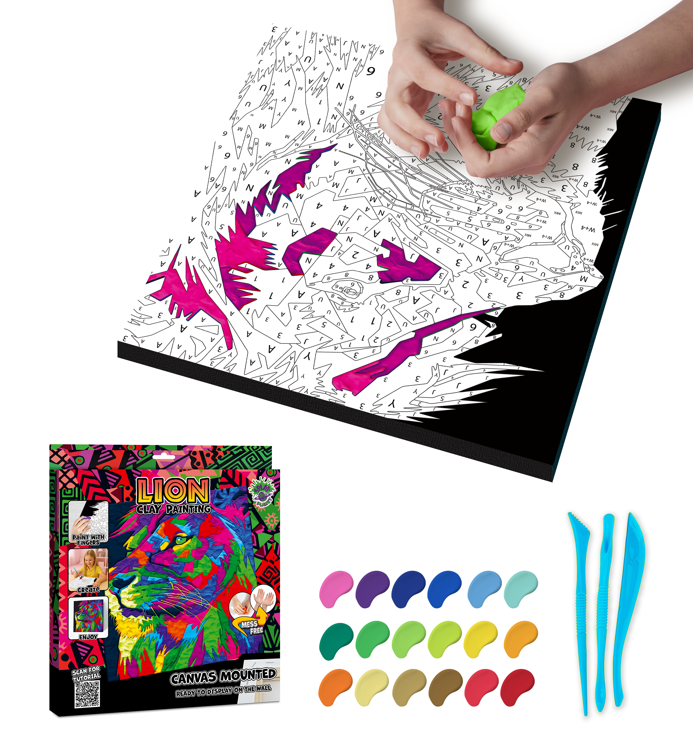 lion clay painting kit, lion craft kit, lion clay art, paint by numbers clay kit, clay painting kit for kids, lion art kit, lion artwork, lion gift, animal gift, sensory art activity, mess free craft, air dry clay kit, canvas art kit, creative activity for kids, kids craft kit, arts and crafts for kids, screen free activity, rainy day activity, animal craft activity, safari craft, clay art kit, DIY canvas art, lion canvas, birthday gift for kids