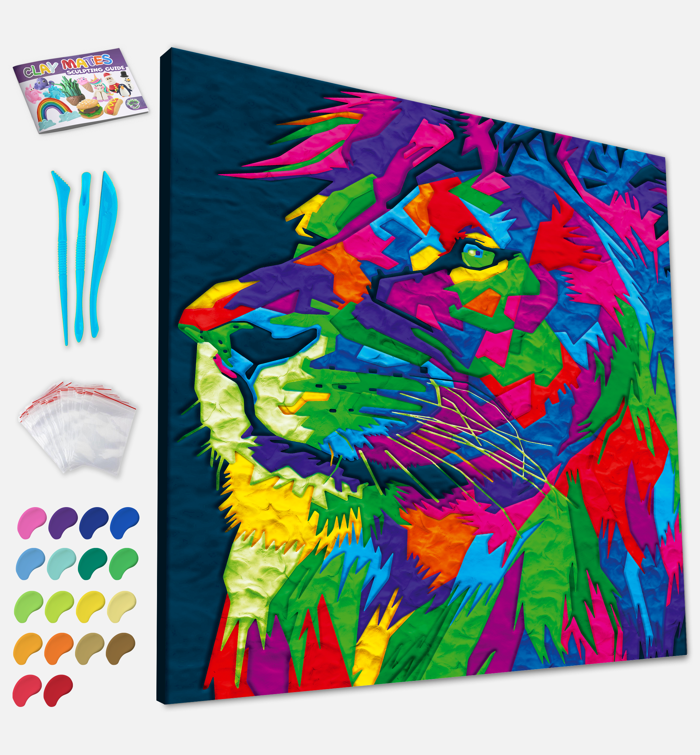 lion clay painting kit, lion craft kit, lion clay art, paint by numbers clay kit, clay painting kit for kids, lion art kit, lion artwork, lion gift, animal gift, sensory art activity, mess free craft, air dry clay kit, canvas art kit, creative activity for kids, kids craft kit, arts and crafts for kids, screen free activity, rainy day activity, animal craft activity, safari craft, clay art kit, DIY canvas art, lion canvas, birthday gift for kids