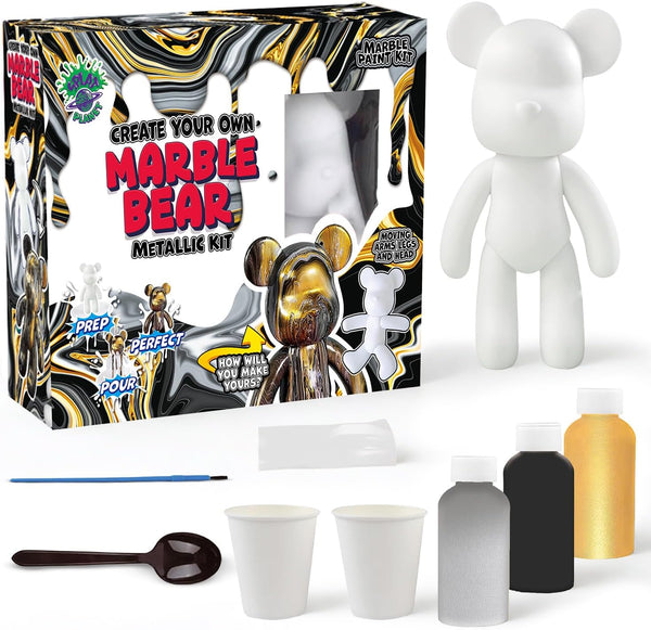 Metallic Marble Bear kit, Fluid Bear paint pouring kit, Marble bear craft kit, DIY paint pouring project, Metallic fluid art kit, Paint your own bear sculpture, Marble effect painting kit, Creative art activity for kids, Arts and crafts gift for children, Fluid art kit for beginners, DIY bear décor project, Paint pouring craft set, Metallic art kit for kids, Marble bear gift idea, Splat Planet Metallic Marble Bear Kit.
