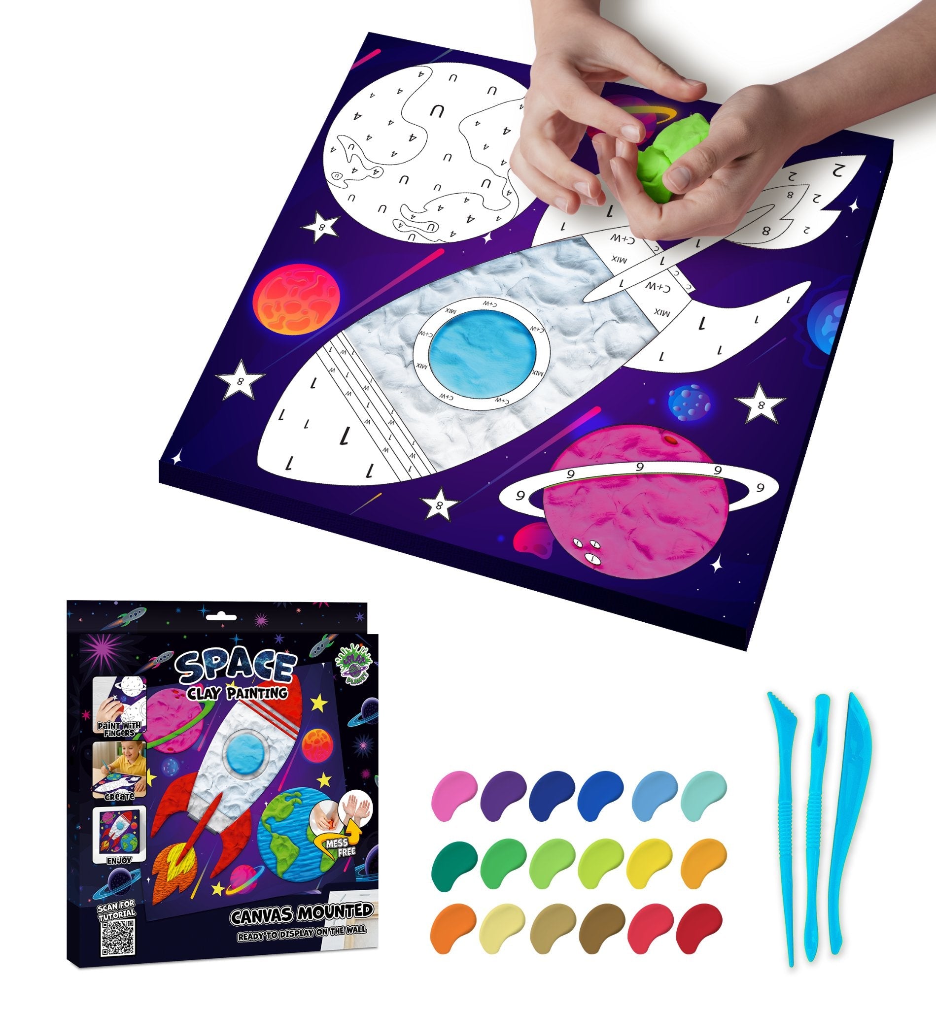 space clay painting kit, space craft kit, space clay art, paint by numbers clay kit, clay painting kit for kids, space art kit, space artwork, space gift, astronaut gift, sensory art activity, mess free craft, air dry clay kit, canvas art kit, creative activity for kids, kids craft kit, arts and crafts for kids, screen free activity, rainy day activity, space craft activity, outer space craft, clay art kit, DIY canvas art, space canvas, birthday gift for kids