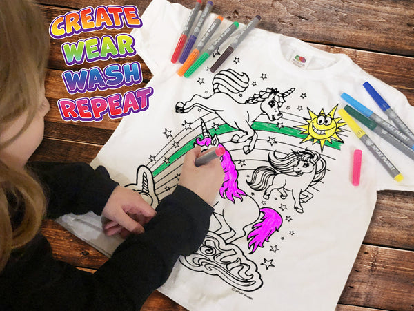 kids, children, childrens, color in t-shirt, color your own t-shirt, coloring shirt, splat planet, unicorn, unicorns, unicorn coloring, unicorn t-shirt, rainbow, rainbow coloring, stars, starry sky, magical unicorn, kids activity, kids craft, arts and crafts for kids, screen free activity, rainy day activity, washable markers, creative play, girls gift, birthday gift for kids, DIY t-shirt, wearable art, magic t-shirt, unicorn gift, unicorn party